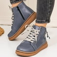 thumbnail image 4 of Womens Vintage Wedge Combat Boots Casual Adjustable Mid Calf Walking Riding Short Ankle Booties with Side Zipper Blue Size 6, 4 of 7