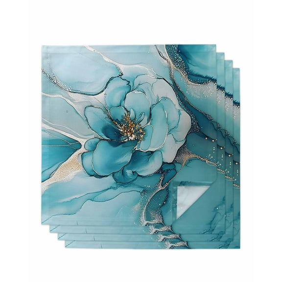 nqOlkjepod Teal Floral Marble Cloth Napkins Set of 4 Reusable Dinner Napkins, Modern Abstract Ink Painted Art Cocktail Napkin Washable Table Napkins for Wedding/Holiday Party/Baby Shower 20"x20"