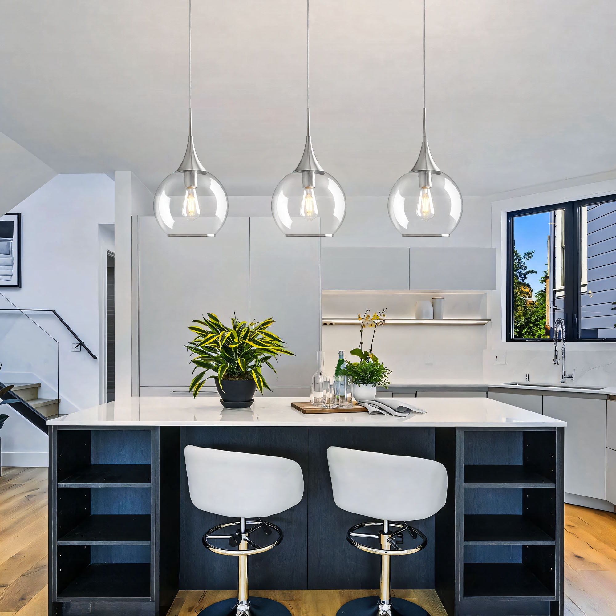 KAISITE Modern Dimmable Kitchen Island Pendant Light, Brushed Nickel Clear Glass Shade Hanging Fixture