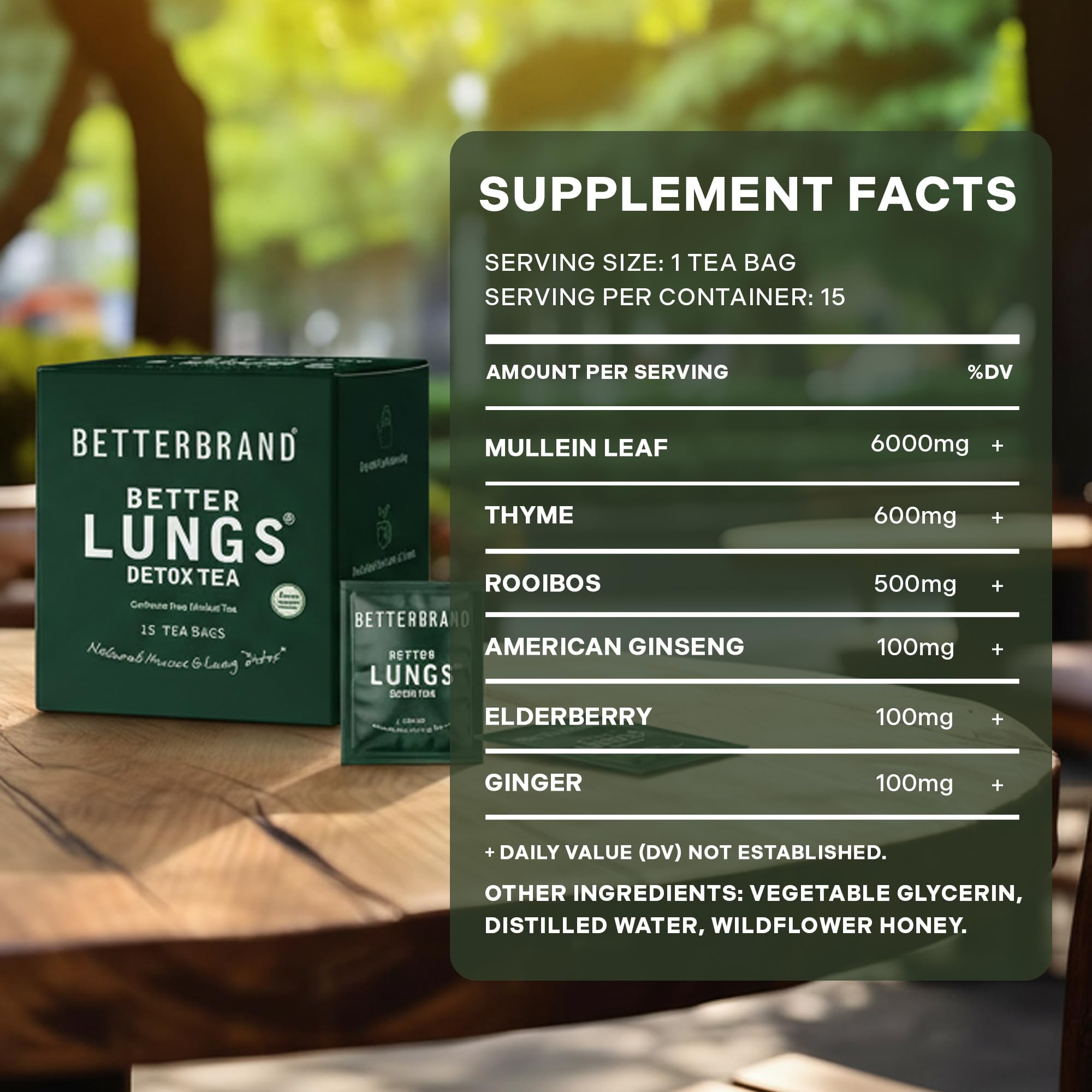 Betterbrand Mullein Tea Bags for Lung Detox - Respiratory Support with Thyme, Elderberry, Ginseng, Ginger, Caffeine Free Herbal Blend - 15 Tea Bags (Pack of 6)