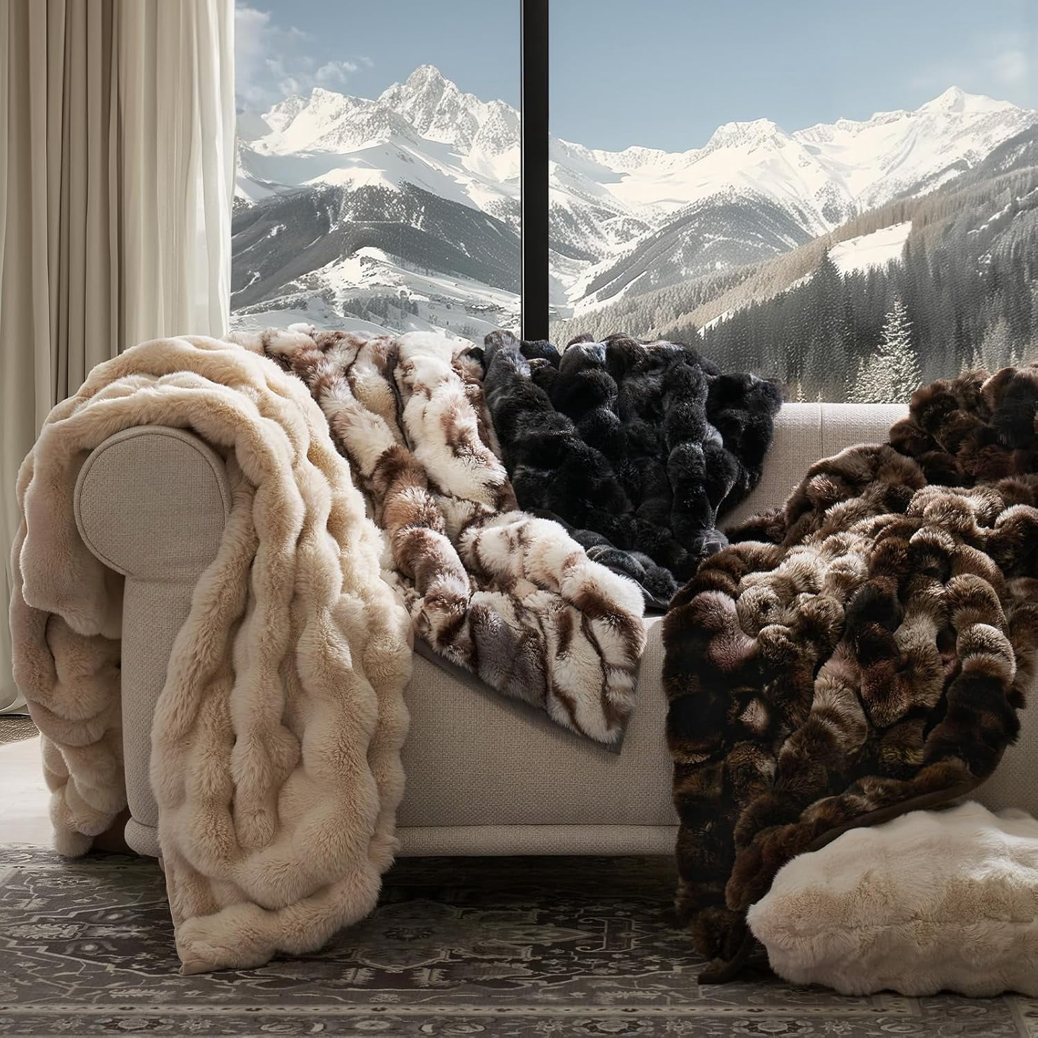 EVERGRACE Ultra Soft Luxury Fluffy Faux Rabbit Fur Throw Blanket, Thick Warm Bubble Throw for Bed, Cozy Plush Reversible Blankets for Couch, Chair, Sofa, Beige & Gray, 60x80 Inches, 870 GSM