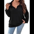 thumbnail image 3 of Suéter de Punto Informal de Talla Grande para Mujer, con Solapa, Cuello en V, Color Liso, Blusas Ligeras de Larga. Negro 5XL, 3 of 9