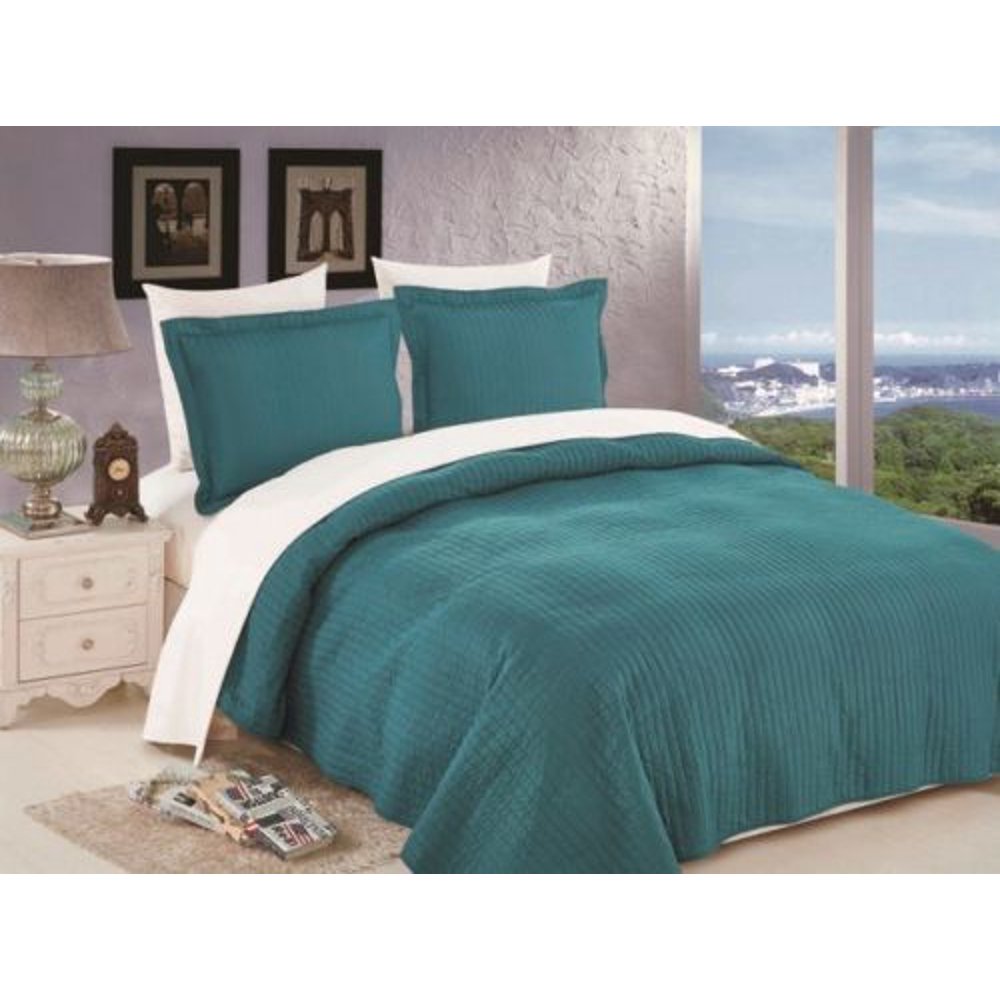 3PC KING Maria Turquoise Bedspread Bedding Coverlett Set with Solid