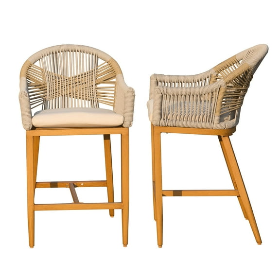 Boyel living Bar Stools Set of 2 with Arm and Backrest, Outdoor Counter Height Bar Chairs with Cushion, Aluminum Tall Bar stools Boho Barstools for Garden, Pool, Patio, Kitchen-Rounded Backre