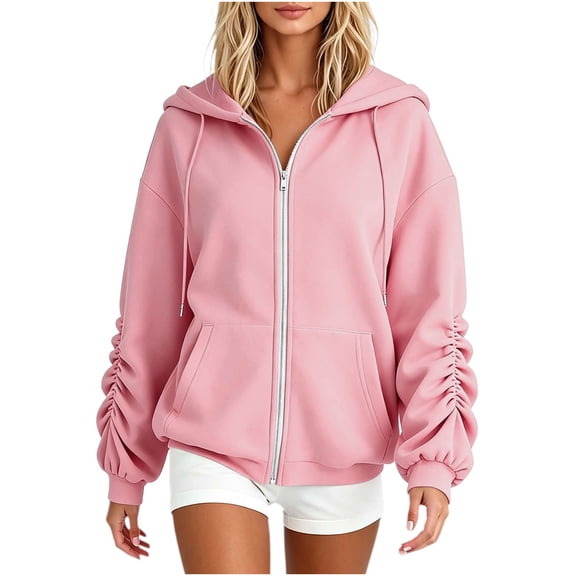 Ecqkame Women's Zip up Hoodie Jacket Drawstring Hood Kangaroo Pocket Long Sleeve Casual Fall Winter Outerwear Pink XXL