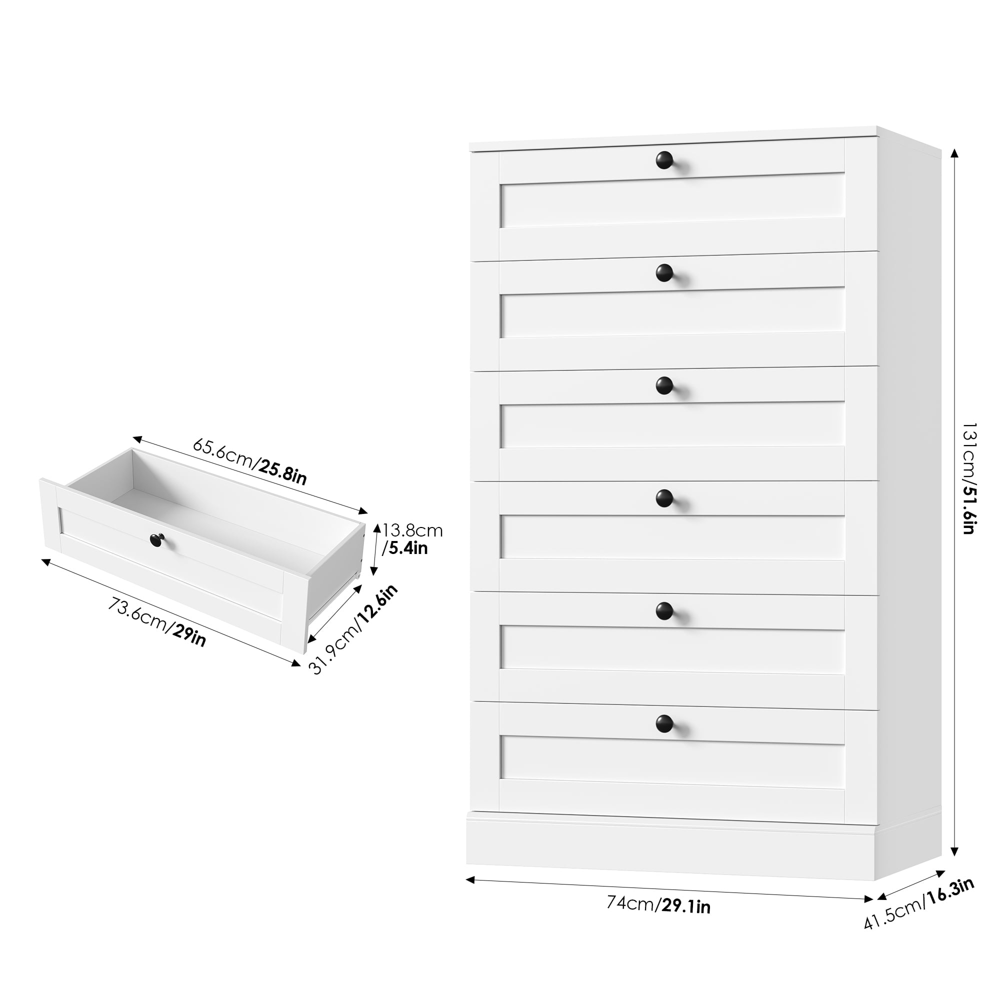 Homfa White Dresser for Bedroom with 6 Drawers, Modern Wood Dresser Chest of Drawers for Living Room, Entryway, Hallway