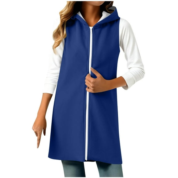ZQGJB Full Zip up Tunic Sweatshirts Dress for Women Lightweight Fall Winter Sherpa Fleece Lined Casual Sleeveless Hoodie Tops Trendy Oversized Athletic Hooded Outwear with Pockets Blue M