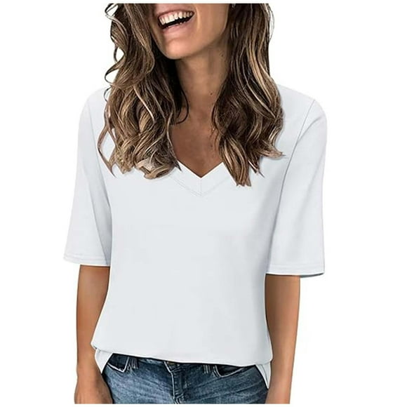 QIPOPIQ T-Shirts à Col en V pour Femmes Manches Mi-Longues Hauts Décontractés Unis T-Shirts d'Été Liquidation