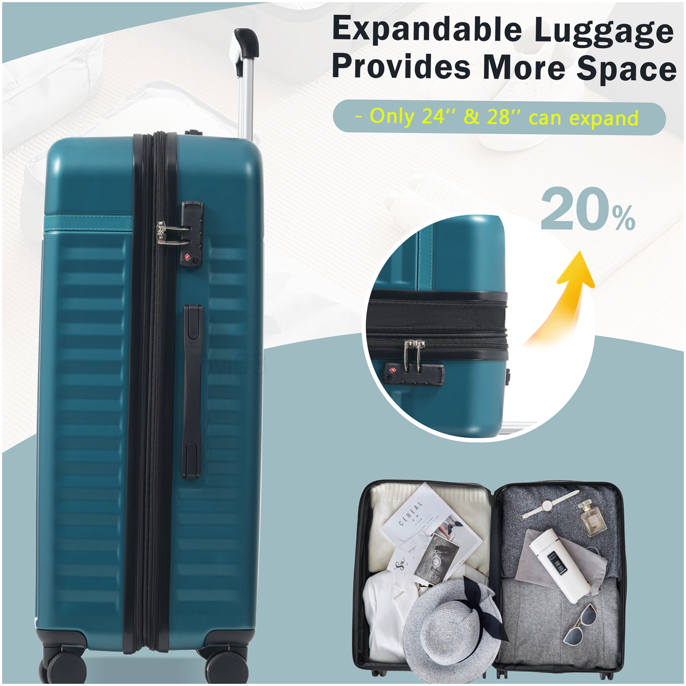 Expandable 5-Piece Hardside Luggage Set in Dark Green, ABS Construction with Spinner Wheels and TSA Lock