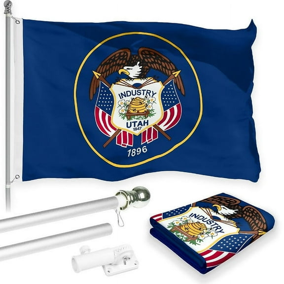 G128 Combo Pack: 6 Feet Tangle Free Spinning Flagpole (Silver) Utah UT State Flag 3x5 ft Printed 150D Brass Grommets (Flag Included) Aluminum Flag Pole