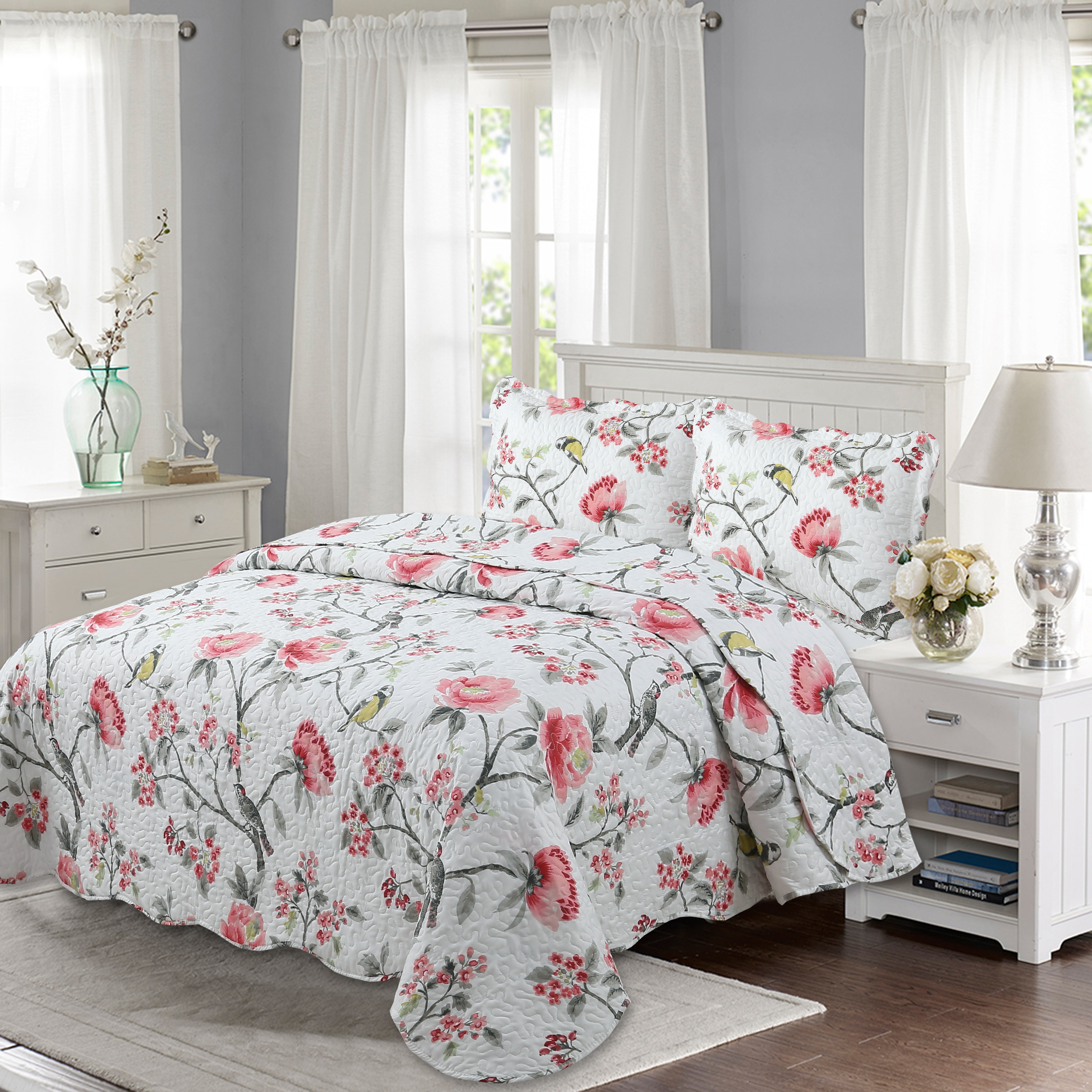 Marina Decoration Couvre-lit imprimé riche, couvre-lit ultra doux pour l'été, ensemble de literie avec taie d'oreiller matelassée, motif floral rose et oiseaux