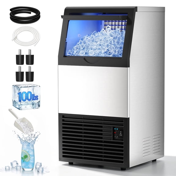 XUTUMM Commercial Ice Maker 100lbs/24H, Under Counter Ice Machine with 33lbs Ice Storage, Self-Cleaning Stainless Steel Freestanding for Home Bar