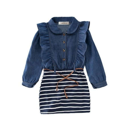 One Piece Dress - StylesIlove Little Girl Ruffle Denim Striped Mini One-piece Tunic Dress with Belt - 110/3-4 Years