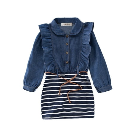 StylesIlove Little Girl Ruffle Denim Striped Mini One-piece Tunic Dress with Belt - 110/3-4