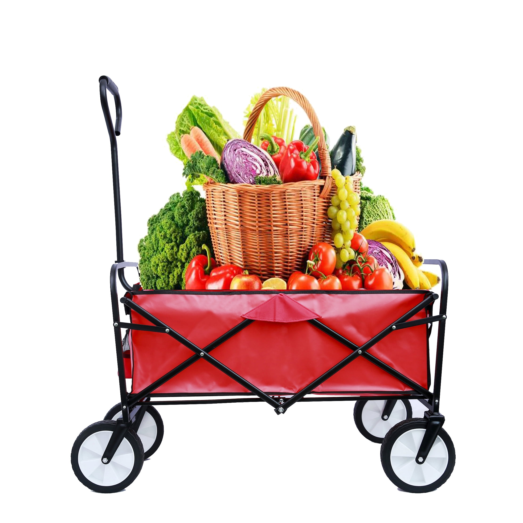 Jump Into Fun Wagon Cart, Newest Collapsible Wagon for Kids with Big Wheels, Push Bar, 2 Mesh Cup Holders, 200LBS Capacity Foldable Beach Wagon, Heavy Duty Utility Wagon Garden Cart for Yard, Red
