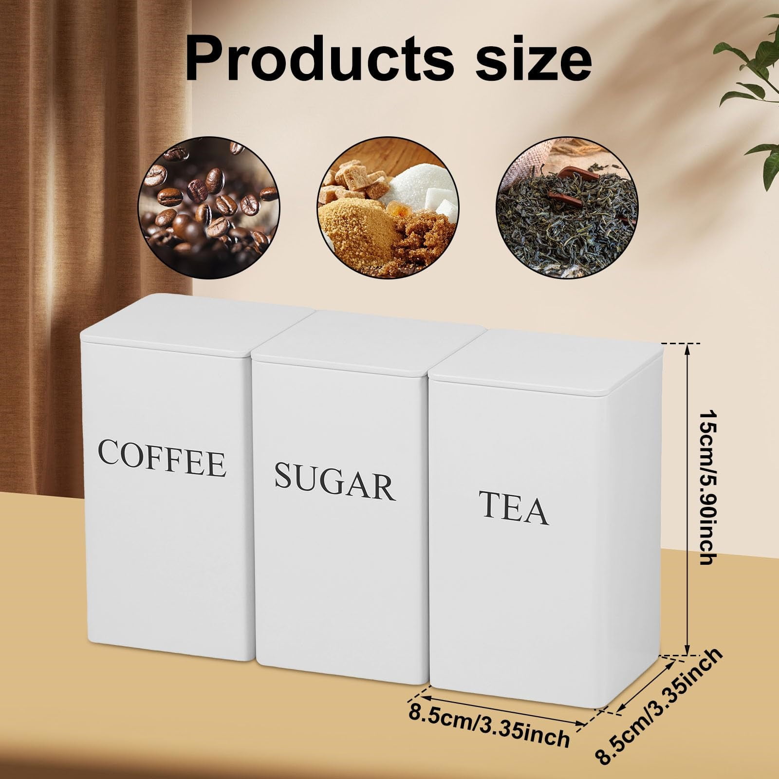 3 Pcs Coffee Tea Sugar Container Set, 1000 ml Metal Vintage Kitchen Canister Set with Airtight Lids, Food Storage Container Jars for Kitchen Counter, Farmhouse Home Tabletop Decor(Black,3.3x3.3x5.9")