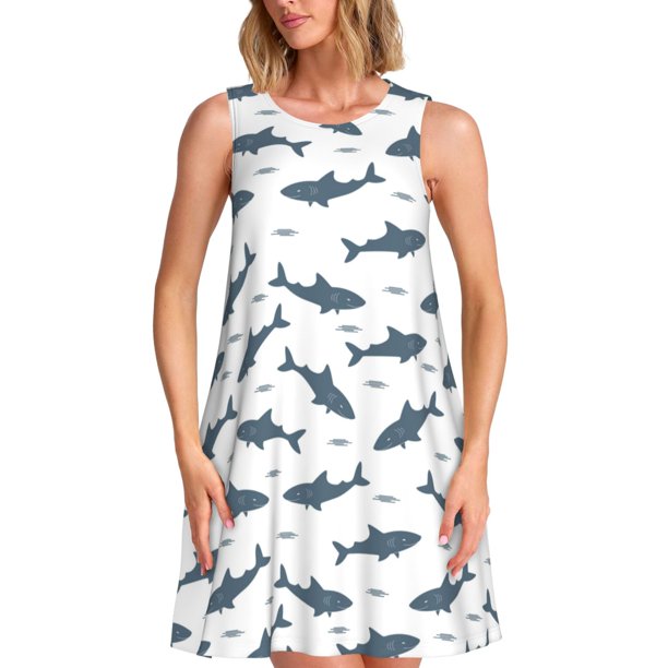 Balery Cute Shark Vestidos de verano para mujer con estampado: vestido holgado sin mangas, vestido playero informal y cómodo para días calurosos.