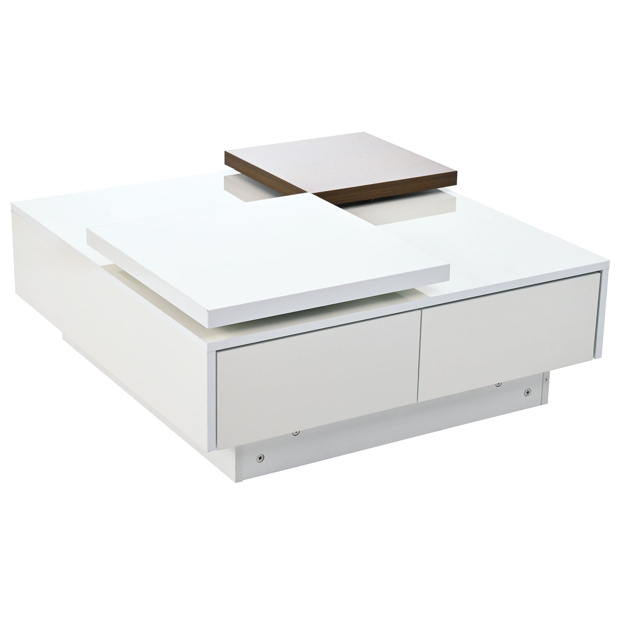 PORKISS Coffee Table, Wooden Coffee Table with Movable Top and High Gloss Finish, Freestanding Square Coffee Table with 4 Hidden Storage Drawers, Modern Cocktail Table for Living Room, White