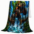 thumbnail image 2 of Adventurous Dinosaur Monster Truck Leaping, Dramatic Coastal Landscape Scene, Warm Flannel Blanket for Beach House and Living Room, Beach Lovers Valentine's Day Gift, Coastal Home Decor, 2 of 9