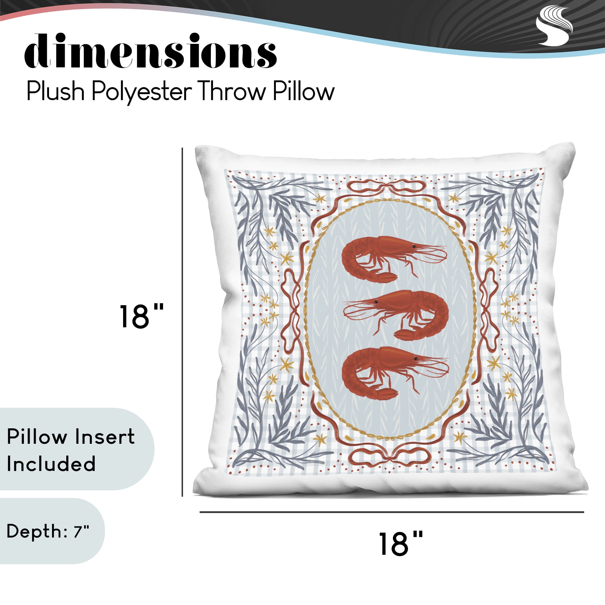 Stupell Industries Prawn Trio on Blue Gingham Decorative Printed Throw Pillow, design by Vero Illustrates, 18 x 7 x 18