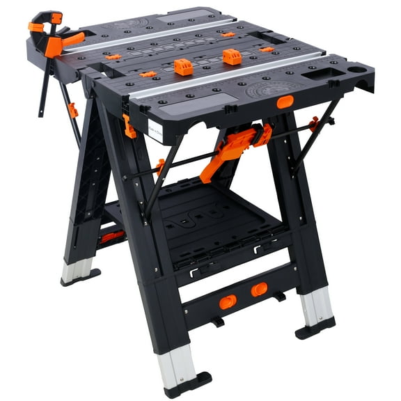 , Portable Folding Work Table, 2-in-1 as Sawhorse & Workbench, Large Load Capacity with 2pcs Clamps, Black ,Aluminium ,