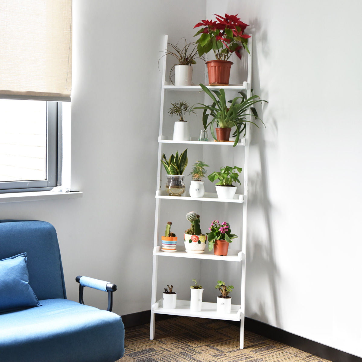 White 5-Tier Bookcase Bookshelf Leaning Wall Plant Shelf  Ladder Storage Display