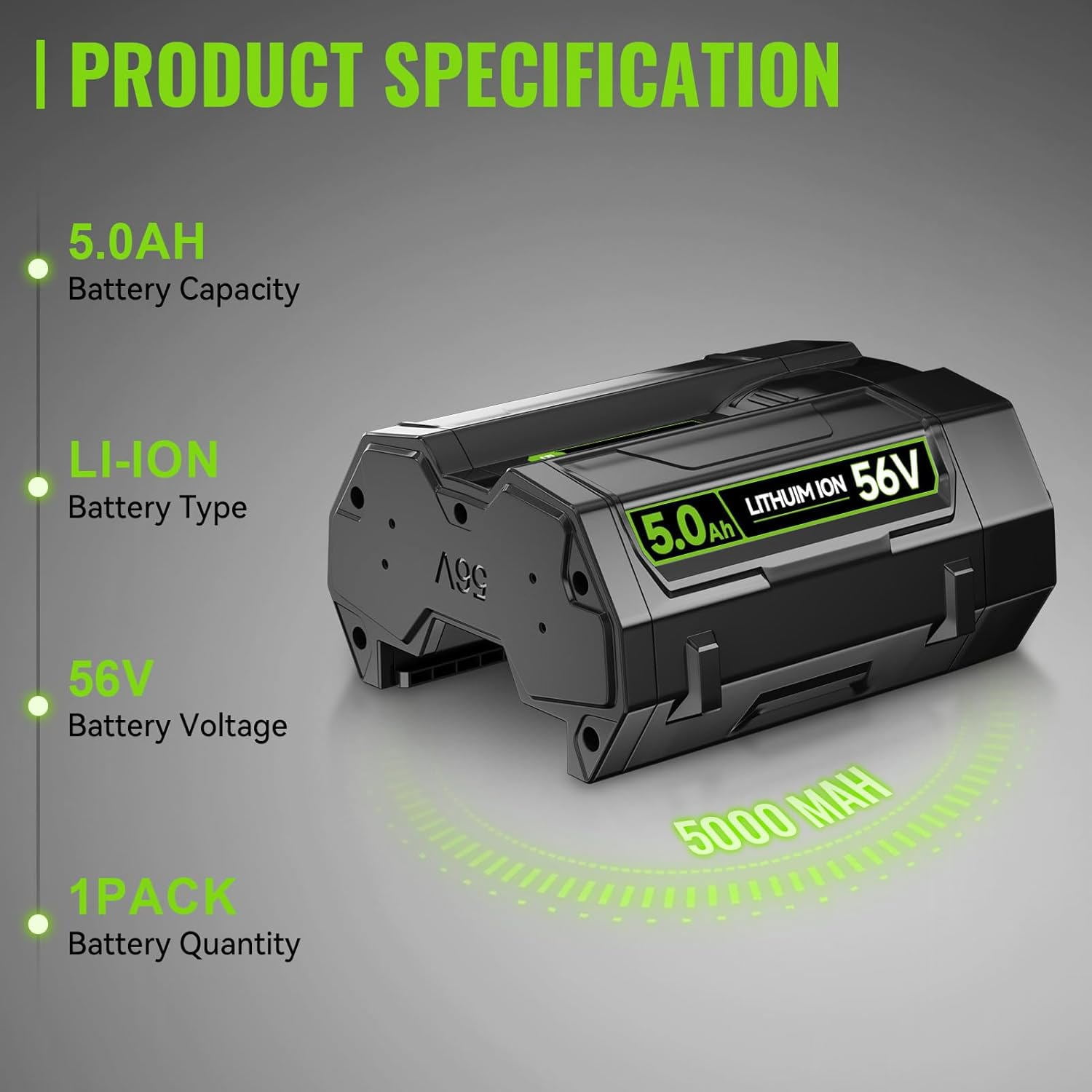 5 .0 Ah Battery Replacement for EGO 56v Battery (Green)
