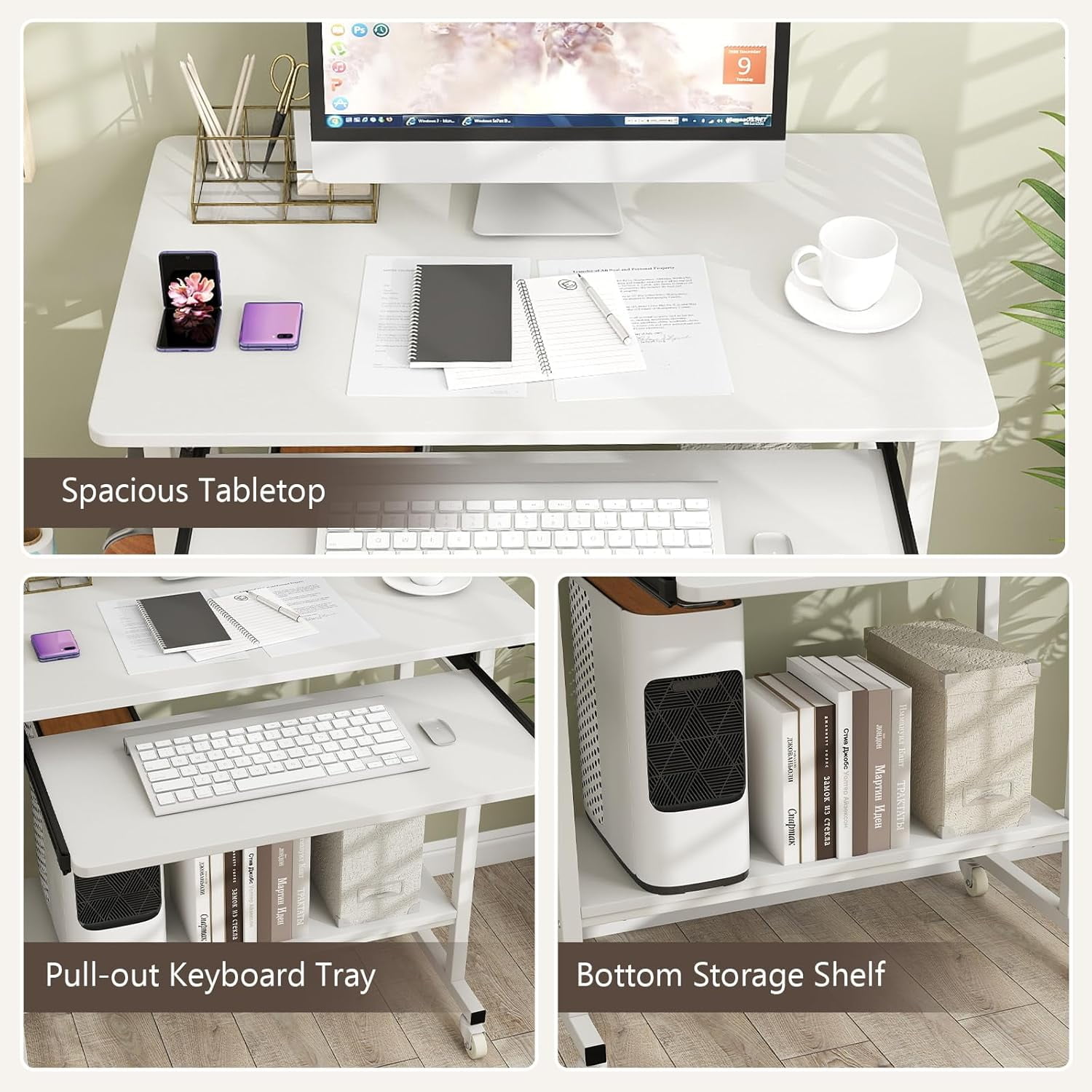 CHTER Rolling Computer Desk Cart with Keyboard Tray, Mobile Portable Laptop PC Desk with CPU Stand & 3 Hooks for Sofa & Bed, Compact Small Desk on Wheels for Small Spaces (White)