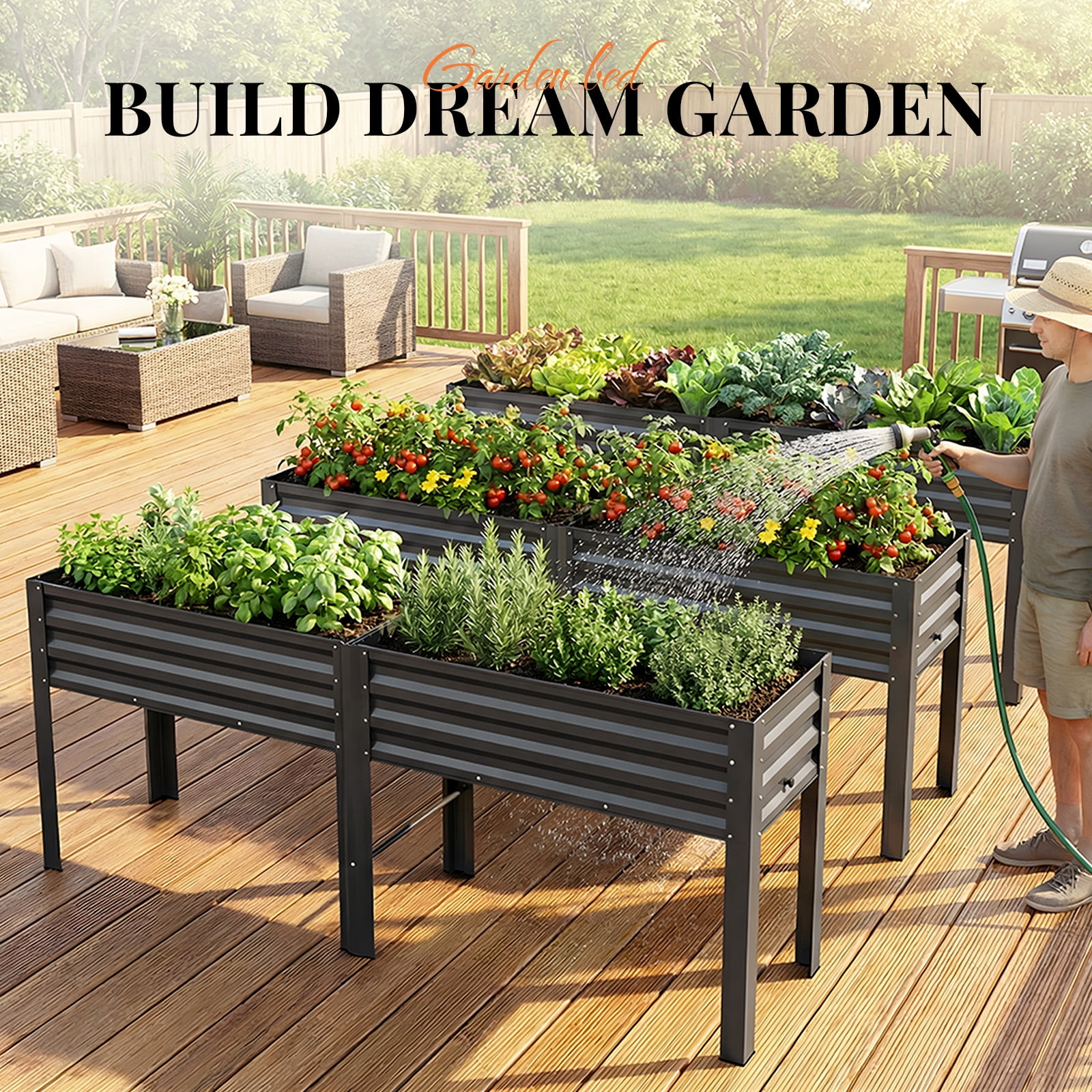 King Bird Galvanized Steel Raised Garden Bed Kit, 80"x17"x31.5" Metal Planter Box with Self-Watering Basin Cells, Tall Elevated Garden Bed for Vegetables & Flowers Deep Gray
