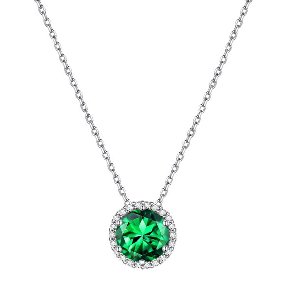 ChicSilver Solitaire May Birthstone Necklace for Women, 925 Sterling Silver Dainty Small Cubic Zirconia CZ Pendant Round Cut Simulated Emerald Necklace Mom Gifts