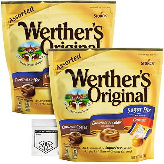 Werther's Original Sugar Free .. Assorted Candy Pack of .. 2 Bags of Hard .. Candy (7.7oz Each) - .. 3 Flavors: Coffee, Chocolate, .. Caramel - Bundle with .. Ballard Products Pocket Bag