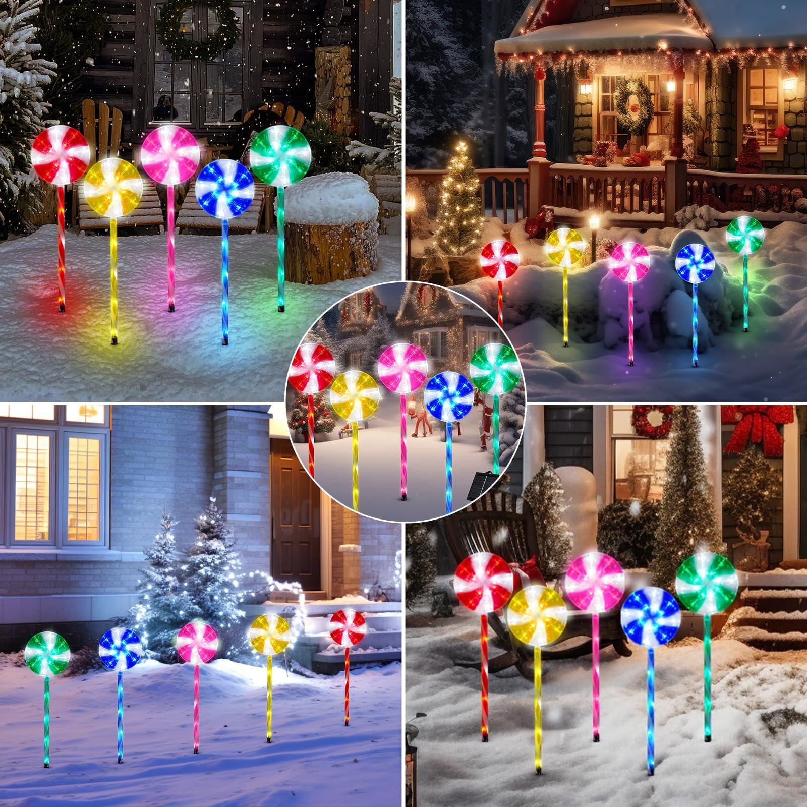 5 Pack Outdoor Christmas Decorations Solar Pathway Lights, Set of 5 Lollipops Stake Lights, 8 Modes Candy Cane Walkside Lights, Outdoor Xmas Decoration for Walkway,Yard