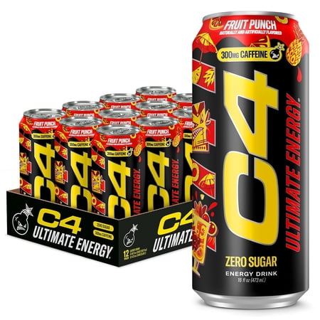 C4 Ultimate Energy Drink, 300mg Caffeine, Zero Sugar, High-Performance Energy for Pre-Workout, Endurance, and Focus, Fruit Punch, 16oz (Pack of 12)