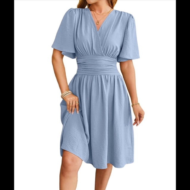 Vestido de Mujer de Verano 2025, Elegante Minivestido con Volantes y Escote en V Profundo, Vestidos A la Cintura Azul XL
