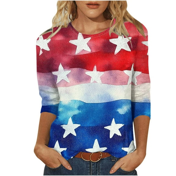 Womens 4th of July 3/4 Length Sleeve Tops Casual Crew Neck Tunic T-Shirts Funny Graphic Tees American Flag Stars Stripes Shirts Summer Tops Independence Day Patriotic Tees Loose Comfy Blouses