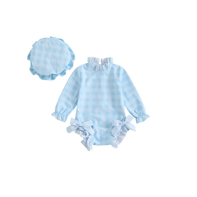 Gupgi Baby Girl Rash Guard with Swim Cap, Infant Plaid Print Swimsuit Long Sleeve Bow Bathing Suit