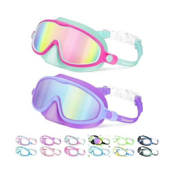 2 Pcs Kids-Swim-Goggles with Nose Cover, Swimming Diving Mask Wide View Anti Fog UV Anti Shattered Lens for Kids 3-6
