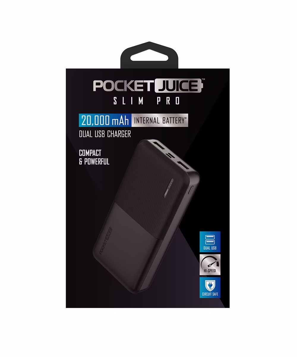 Pocket Juice Slim Pro 20,000mAh, Portable Power Bank and Charger with Dual USB Ports, Black
