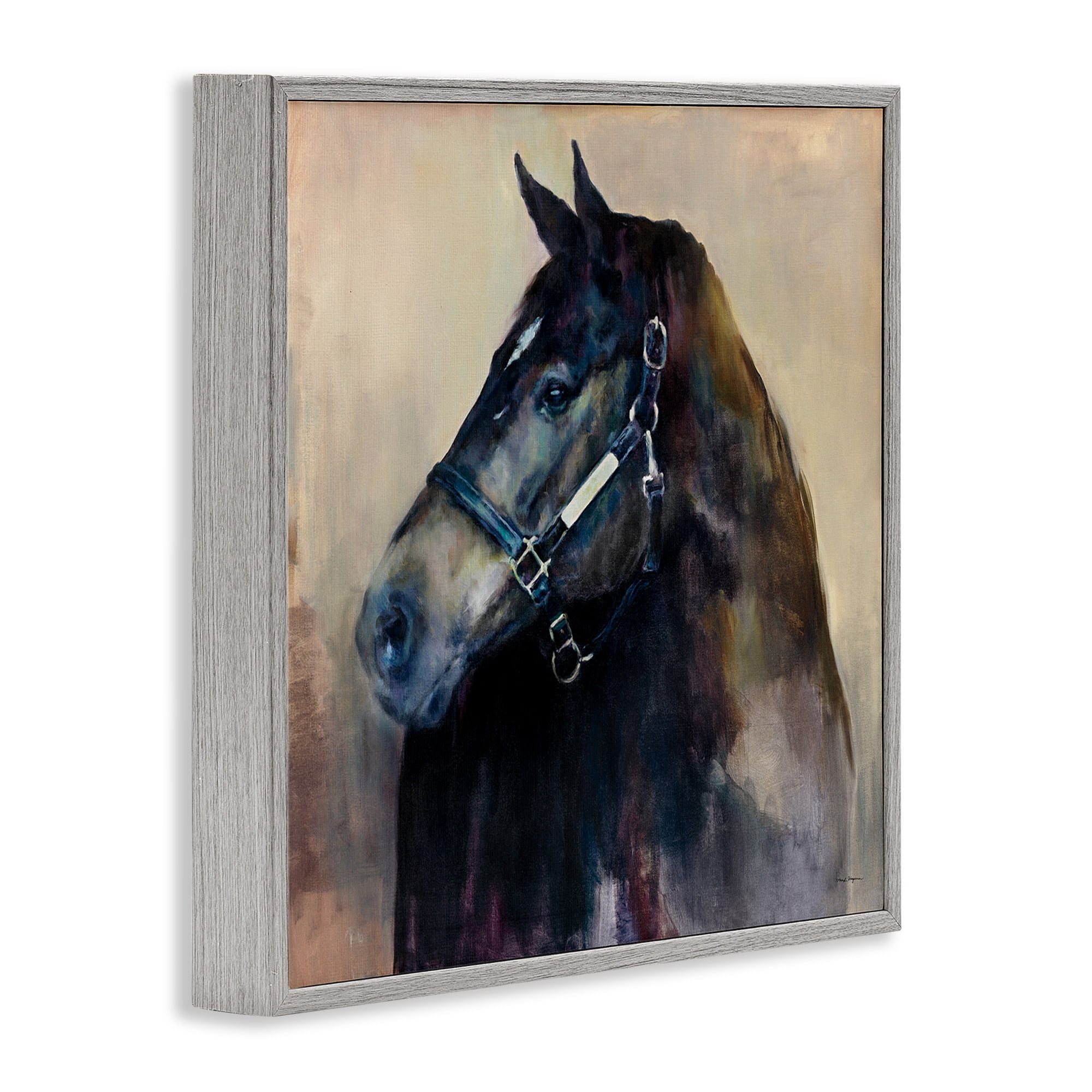 Stupell Industries Black Horse Riding Harness Watercolor Animals & Insects Painting Gray Framed Art Print Wall Art, 12 x 12