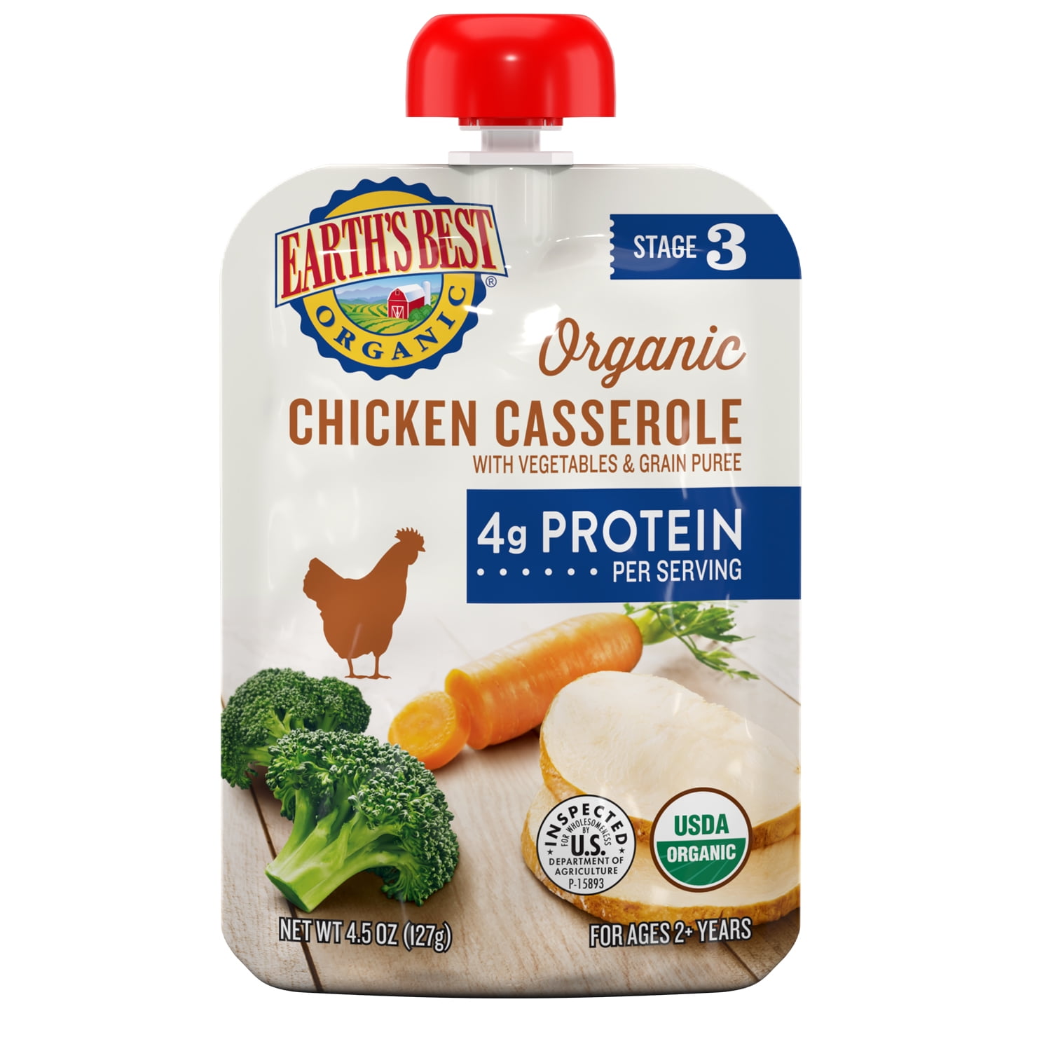 (12 pack) Earth's Best Organic Stage 3 Baby Food, Chicken Casserole with Vegetables & Grain, 4.5 oz Pouch