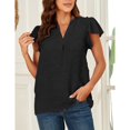 thumbnail image 2 of Blusa de manga corta jacquard con cuello en V y mangas con volantes Camisa ajustada informal para mujer Señora Negro XL, 2 of 6