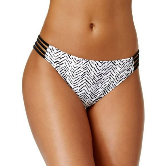 Hula Honey BLACK/WHITE Wild Ways Printed Strappy Bikini Swim Bottom, US Small