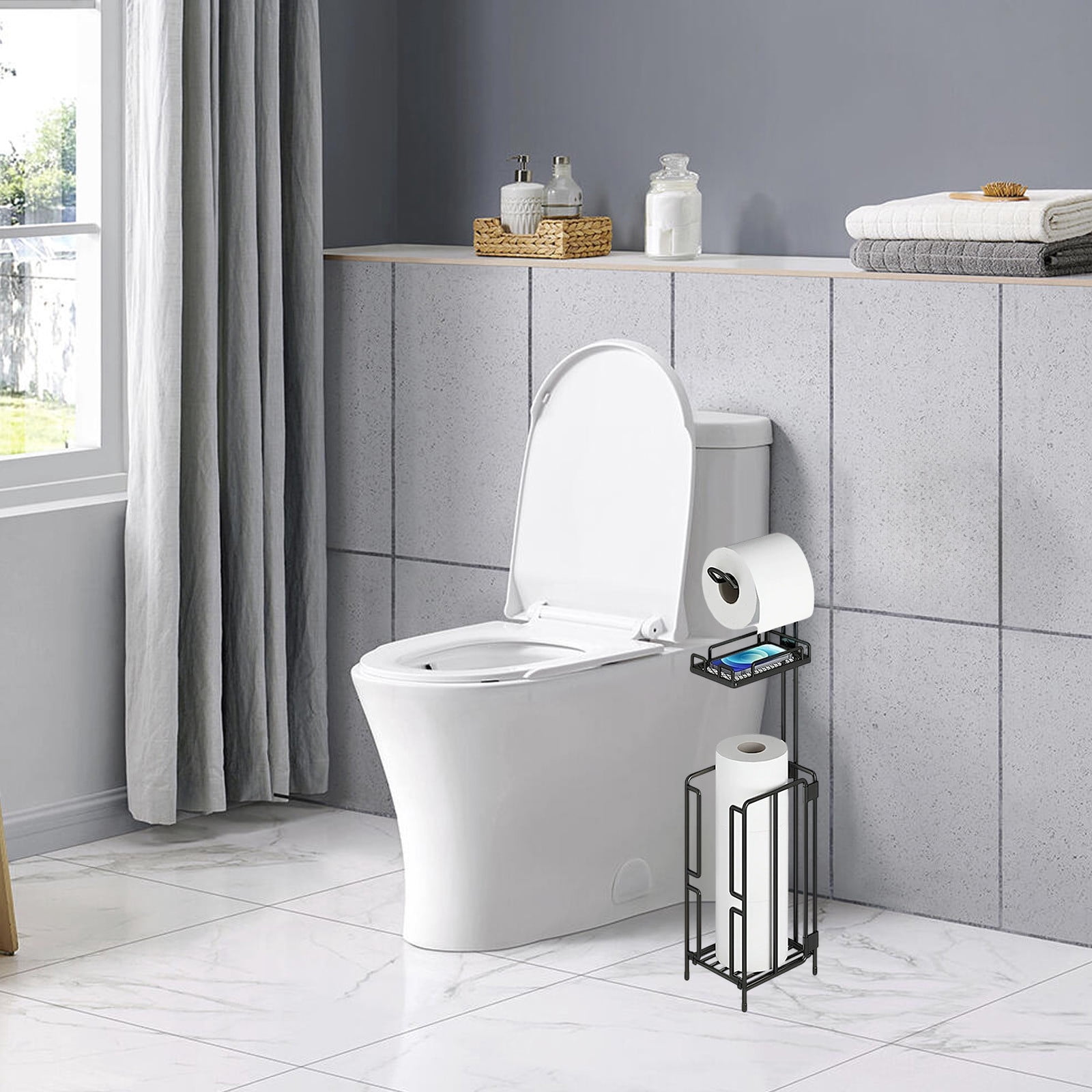Gnmfd European Style Toilet Storage Rack Floor Standing Iron Paper Towel Holder with Top Shelf for Mobile Phone Bathroom Organizer Multipurpose Storage Rack Storage Shelf Storage Bin for Home