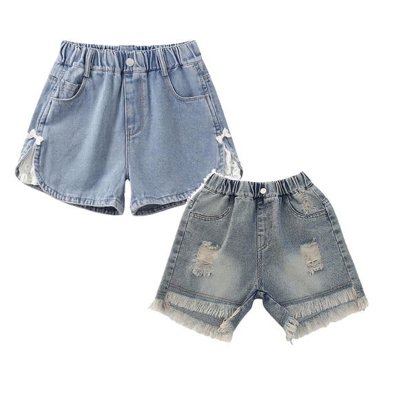 XEGLSBU 2 Pack Girls Denim Shorts Summer Casual Loose Fit Play Shorts with Ruffle for Liitle Girls Size 6-7 Years