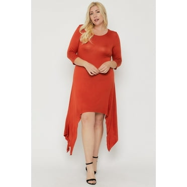 Asymmetrical Raw Edge Hem Solid Dress Rust ' XL