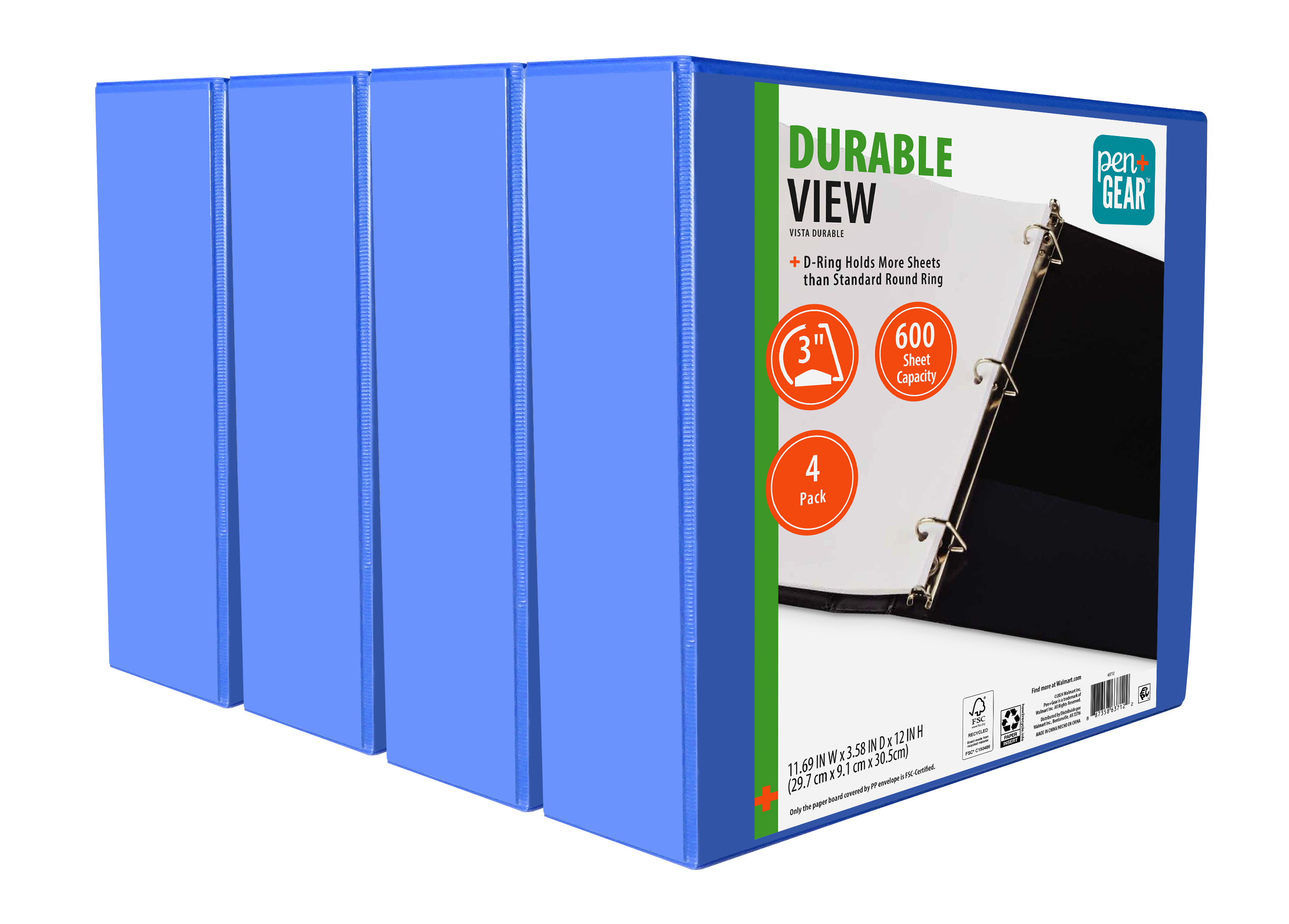 Pen+Gear Durable View 3-Ring Binder, 3 in, 4-Pack, Blue photo 1