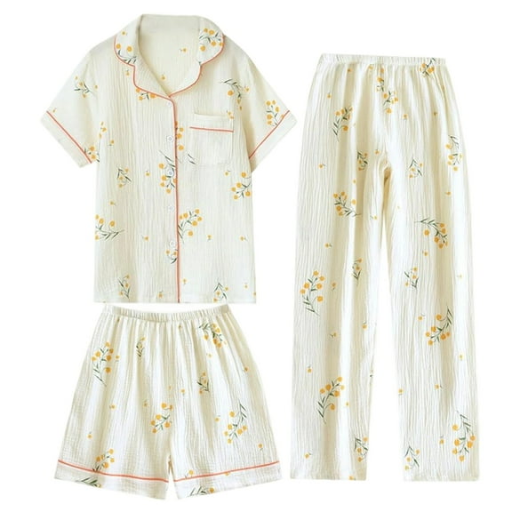 Wang6 Women's Cotton Pajamas Sets 3 Pieces Soft Long Sleeve Button Shirts Elastic Waist Shorts Wide Leg Pants Loose Fit Floral Printed Sleepwear Loungewear Pjs Sets Beige1 XL
