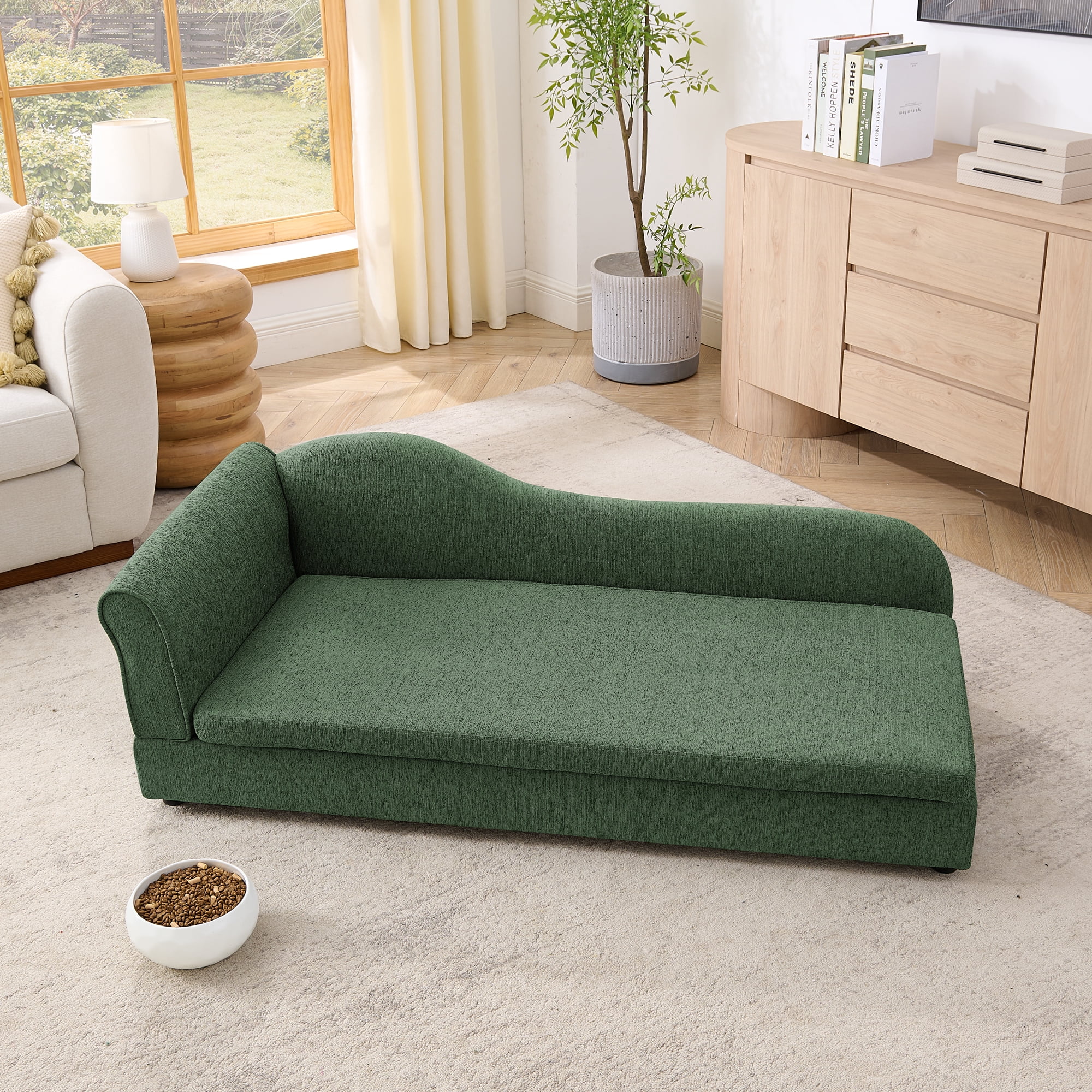 Oversized Pet Sofa for Medium Large Dogs, Modern Irregular Wave Backrest, Single Armrest, Premium Breathable Linen Fabric, Soft Cushion & Low Plastic Feet, Olive Green