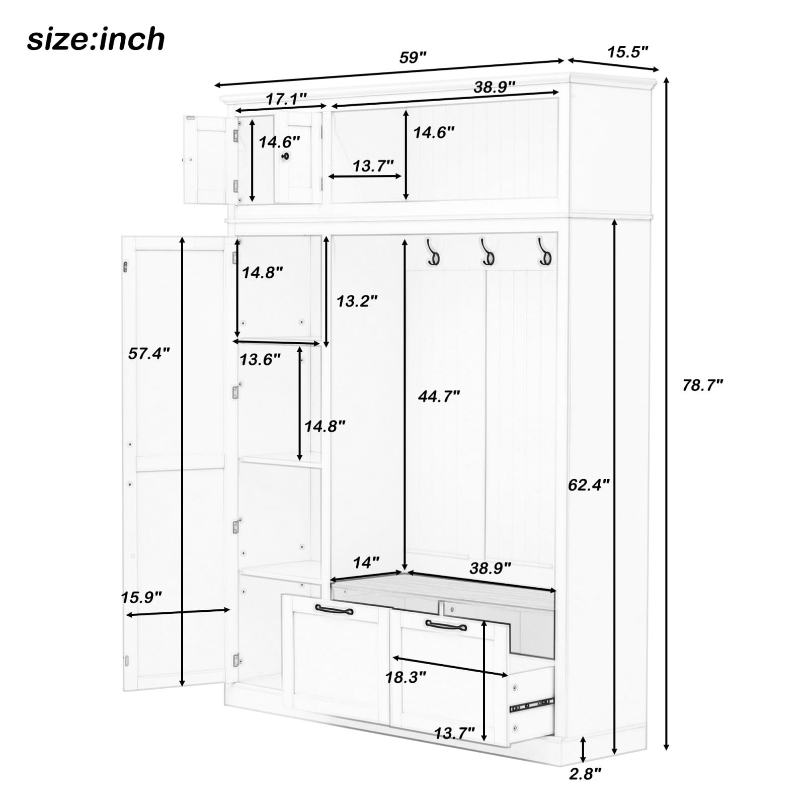 59"W 3-in-1 Farmhouse Entryway Hall Tree with Storage Cabinet, Adjustable Shelves, 4 Hooks & 2 Drawers, Mudroom Bench with Grooved Back Panel, Multifunctional Hallway Organizer, White