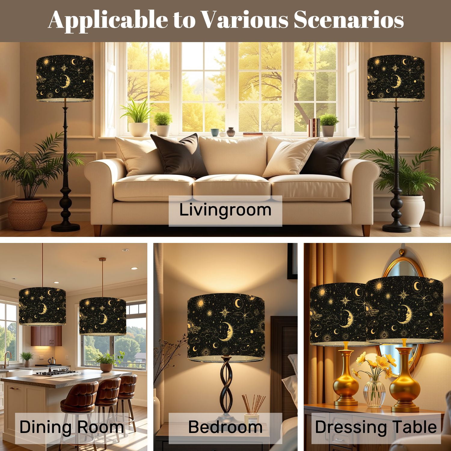 Lamp Shades Set of 2 Magic seamless sun constellations moons stars Gold mystic 13" x 13" x 10" Lampshade for Table Lamps Floor Lamps Lamp Shade Replacement Easy Assembly Required